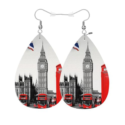 London Street Woman Earrings, Retro British Architecture Big Ben Double Decker Bus Telephone Booth Lightweight Leather Dangle Teardrop Earrings Jewelry For Ladies Friends - color: London Street