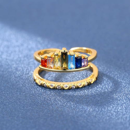 MALOYANVE Rhinestone Crown Open Ring for Women, Colorful Crystal Cubic Zirconia, Rainbow, Adjustable, Elegant Princess Queen Statement Promise Wedding Jewelry - color: Gold