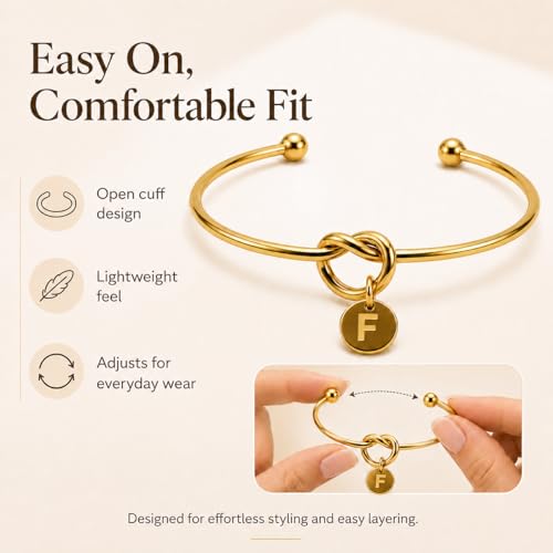 LemonRose Initial Bracelets for Women - Dainty Tie the Knot Letter A-Z 14K Gold Plated for Women Gold Cuff Bracelet for Womens Jewelry Personalized Bridesmaid Proposal Gifts - color: Gold F
