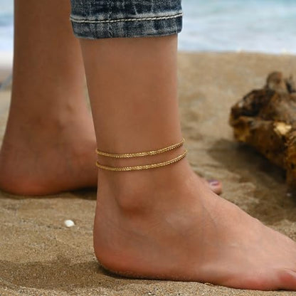 Ankle Bracelets for Women 18K Gold Plated Dainty Layering Anklets for Women Layered Twisted Rope Coin Chain Anklet Bracelets Waterproof Beach Summer Foot Jewelry - color: Layered Shiny Rope-Gold