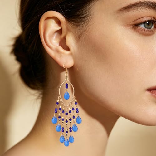 Boho Chandelier Earrings, Beaded Tasse Dangle Earring for Women, Red, Black, Blue, White, Colorful Long Earrings - color: Blue