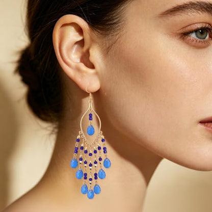 Boho Chandelier Earrings, Beaded Tasse Dangle Earring for Women, Red, Black, Blue, White, Colorful Long Earrings - color: Blue