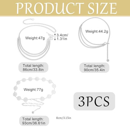 3 Pcs Gold Chain Belt for Women, Adjustable Waist Chain with Clover Butterfly Disc Pendants, Body Jewelry, Boho Belts for Women, Summer Beach Party - color: Silver