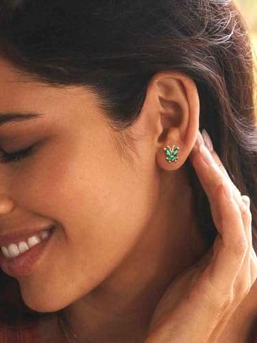 Suplight Butterfly Stud Earrings 925 Sterling Silver 14K Gold Brithstone Earrings for Women Brithstone Jewelry Gifts - color: 05.May( Emerald), size: Gold
