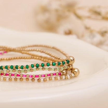 Gold Beaded Stackable Friendship Bracelets Set for Women, Handmade Boho Stretch Summer Jewelry Gift. - color: gold green fuchsia white