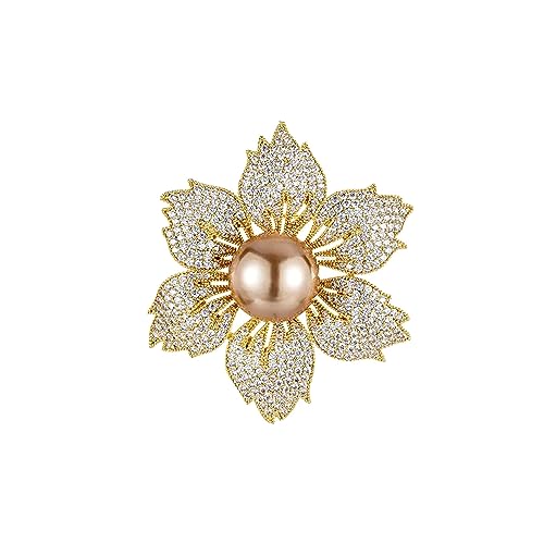 Gold/Silver Bauhinia Flower Crystal Brooches Pins Fashion Beautiful Created Rhinestone Pearl Floral Brooch Good Idea for Party Dance Wedding Banquet for Elegant Women Girl (Style 1)