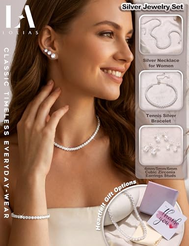 LOLIAS Silver Jewelry Set for Women Tennis Necklace Bracelet Hypoallergenic | Wedding Jewelry Sets for Brides Bridemaid,Costume Party Prom Accessories,Chockers Necklace CZ Tennis Bracelet Earrings Studs - style: Tennis Necklaces Bracelet+4mm/5mm/6mm Studs
