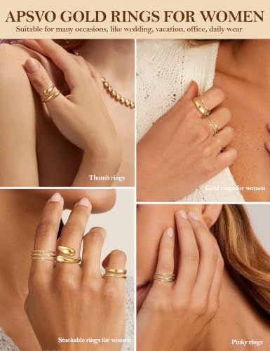 Apsvo Gold Rings for Women Non Tarnish, 6Pcs 14K Gold Plated Stackable Chunky Rings Set Trendy Statement Wedding Bands Pinky Thumb Rings Stacking Size 5-10 - color: Gold