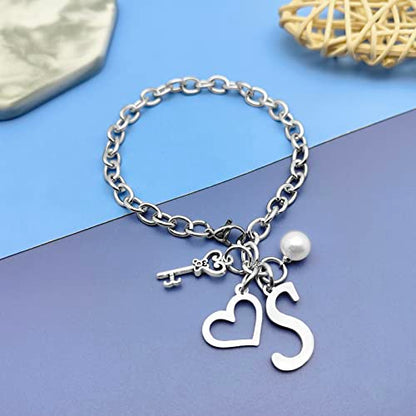 Initial A-Z Bracelets Gift for Women Girls Stainless Steel Chain Bracelet 26 Alphabet Jewelry Gifts for Birthday Anniversary Letter Bracelet Monogram Gifts for Sister Friend Girlfriends Mom 8.26 Inch - color: S