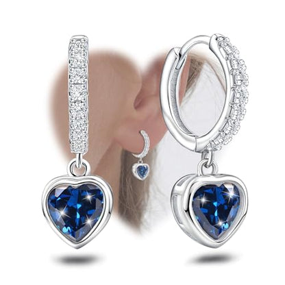 Heart Hoop Earrings with Dangle Sterling Silver Love Heart-Shaped Loop Earrings for Women Hypoallergenic Sparkle Birthstone Cubic Zirconia Hoop Earring with Dangling Charms Dainty Fashion Jewelry Gift - color: Blue