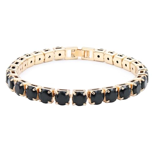 Tennis Bracelet, 6mm Black Cubic Zirconia, Gold Plated Brass, 7 Inch Length, 16.5 Grams, Multiple Colors Available - color: Gold Black