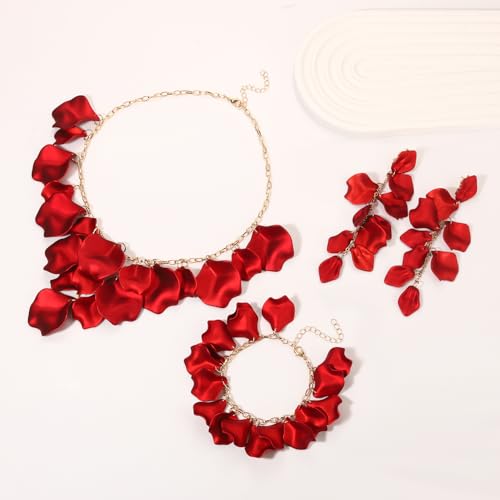 MOLOCH Flower Jewelry Sets for Women Rose Flower Petal Necklace Earrings Bracelets Set Layered Statement Accessories Summer Beach Party Jewelry Gifts - color: Red