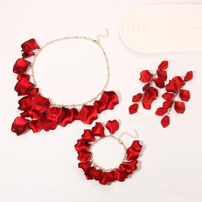 MOLOCH Flower Jewelry Sets for Women Rose Flower Petal Necklace Earrings Bracelets Set Layered Statement Accessories Summer Beach Party Jewelry Gifts - color: Red