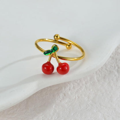 Cute Cherry Red Enamel Statement Ring for Women Summer Fruit Food Green Leaves Stainless Steel Finger Rings Stackable Sweet Adjustable Open Wrap Band Comfort Fit Fashion Jewelry for Girlfriend Sisters