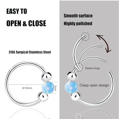 2 Pcs Small Cartilage Hoop Earrings for Women Men, 18G Opal Silver Earrings Hypoallergenic 316L Surgical Steel Hinge Huggie Hoop Earrings for Helix,Tragus,Conch,Rook,Earlobe Piercing Jewelry Nose Ring - style: 1Pc8mm+1Pc10mm Blue Opal/Silver
