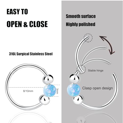 2PCS 18G Opal Cartilage Hoop Earrings, Hypoallergenic Silver Huggie Hoops | 316L Surgical Stainless Steel, 8mm 10mm sizes, hinged closure for easy wear, helix, tragus, conch, nose and daily styling - style: 1Pc8mm+1Pc10mm Blue Opal/Silver