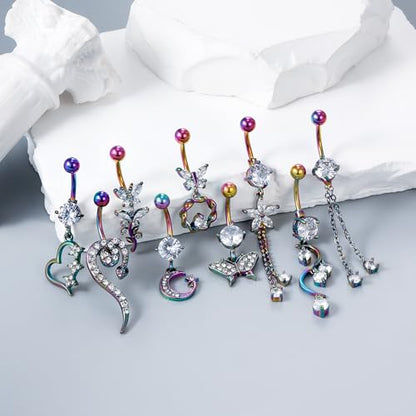 Vsnnsns 14G Dangle Belly Button Ring Piercing Jewelry 316L Stainless Surgical Steel Snake Heart Butterfly Flower Diamond CZ Navel Rings Dangling Belly Button Ring Piercing Jewelry for Women 14 Gauge - color: Rainbow Tone