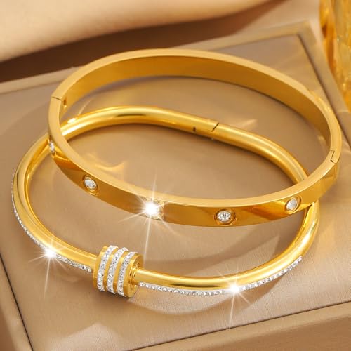 Camhanno Gold Bangles for Women - Stainless Steel Love & Friendship Bracelet Set with Gift Box | Daily Wear & Party Jewelry - color: 2pcs Gold Set Style 1