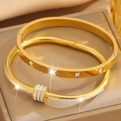 Camhanno Gold Bangles for Women - Stainless Steel Love & Friendship Bracelet Set with Gift Box | Daily Wear & Party Jewelry - color: 2pcs Gold Set Style 1