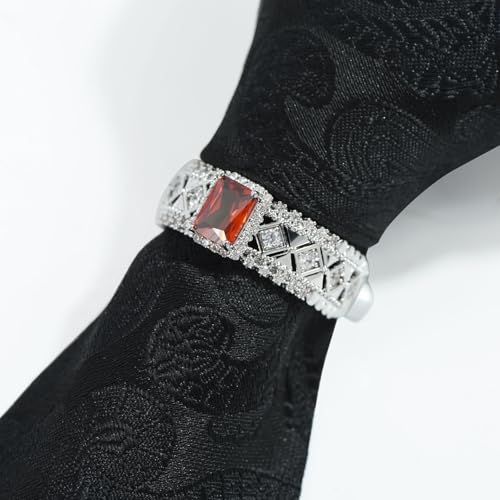 Sparkling Crystal Men's Neck Tie Ring Tie Clasp Necktie Clips Holder Tie Accessories with Box for Wedding Jewelry Gift - style: Silver Clips with OrangeRed Square CZ