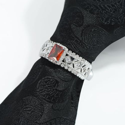 Sparkling Crystal Men's Neck Tie Ring Tie Clasp Necktie Clips Holder Tie Accessories with Box for Wedding Jewelry Gift - style: Silver Clips with OrangeRed Square CZ