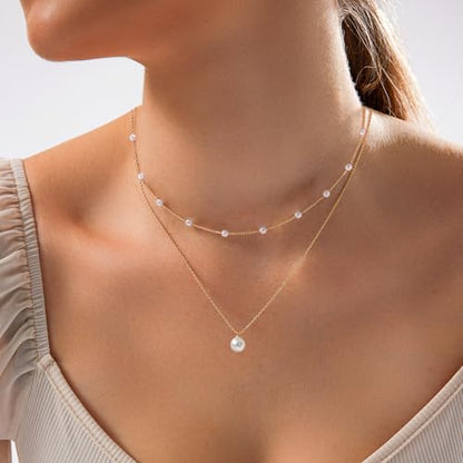 Zeffy Gold Pearl Necklace for Women, Dainty 14K Gold/Silve Plated Layered Pearl Choker Pearl Earrings Pearl Bracelets Wedding Trendy Gold Jewelry Set for Women Gifts - style: Gold Pearl Necklace-2PCS