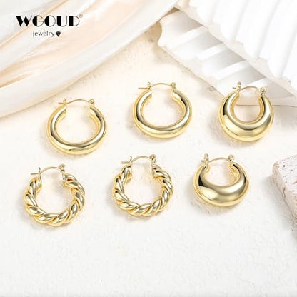 3Pairs 14K Gold Plated Chunky Hoop Earrings Set for Women, Trendy Hoop Earring 925 Sterling Silver Post - Hypoallergenic Thick Lightweight Twisted Hoops Dainty Gold Earrings for Women Jewelry Gifts - color: Gold