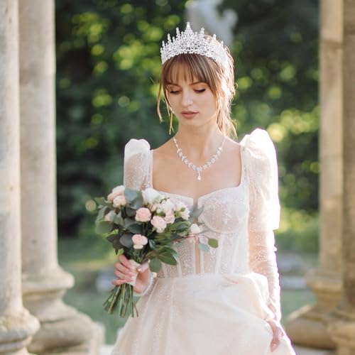 Crystal Crown and Tiara Jewelry Set for Women Bride with Necklace Earrings | Metal Rhinestone Royal Queen Princess Jewelry Set Wedding Quinceanera Pageant Prom Birthday Halloween Party Costume Gift - color: Style E-Silver