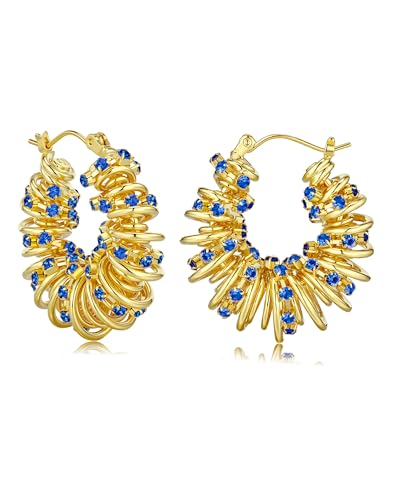 18K Gold Plated Chunky Curve Twisted Open Hoop Statement Stud Earrings with CZ for Women by SNGIA, Large Handmade Spiral Texture Braided Formal Trendy Hoop Jewelry Gifts, Big Circle Geometric Shell Beachy Vacation Fashion Hanging Earrings Accessories, Vin