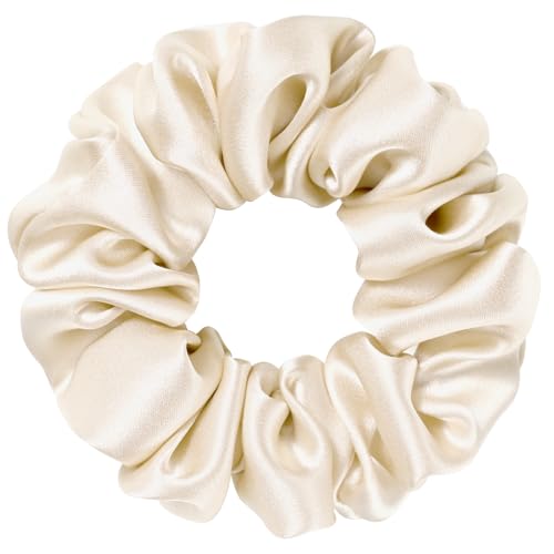 Silk Scrunchie 1.4" Medium Wide 6A 22 Momme 100% Mulberry Silk Hair Ties,Gentle on Hair No Damage No Crease for Women Girls Curly Thick Wavy Hair,Sample Fabric Provided (1, Beige) - color: Beige