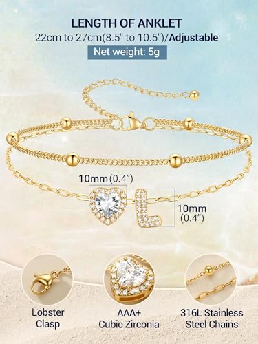 PROSTEEL Initial Ankle Bracelets for Women Waterproof, A-Z Gold/Silver Layered Anklets Adjustable, Summer Beach Gift Jewelry - color: Gold, size: L