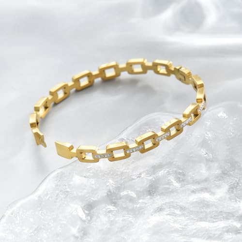 Gold Bangle for Women 18K Gold Plated Bamboo Heart Star Labyrinth Bangle Bracelets Dainty Stainless Steel Jewelry Gifts - color: Hollow Out CZ Bangle-Gold