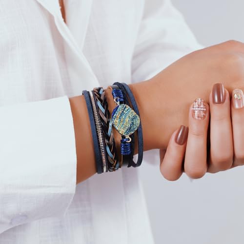 Boho Leather Wrap Bracelets Beaded Stackable Cuff Bracelet Country Concert Outfits Cowboy Cowgirl Western Jewelry Gifts for Women - color: Stone-Blue