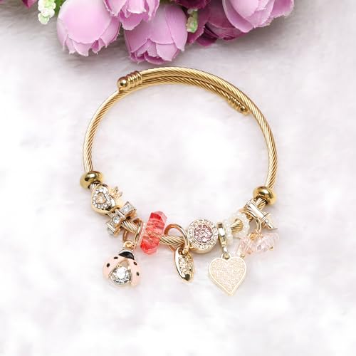 DS Charm Bracelets for girls,exquisite cute cartoon gold friendship bracelets Stainless Steel Bangle with birthday Gift box, Adjustable girls jewelry Suitable for holiday gifts - style: Gold-Beetles