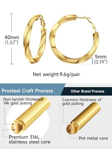 PROSTEEL Chunky Hoop Earrings for Women 14K Gold Plated/Black/Silver | 20/30/40/50/60/70/80mm Stainless Steel Thick Big Round Hoop with Waterproof and Non Tarnish Trendy Jewelry with Gift Box - color: 4. Gold, size: 40MM