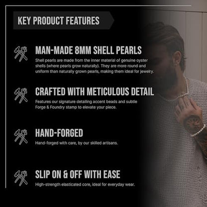 Forge & Foundry Marlow Men's Adjustable 8mm Shell Pearl (Man-Made) Bracelet | Design-Led Artisan Jewellery from London | Small, Medium, Large and Adjustable Sizing Options, 8mm Size, Size Adjustable | - color: Stainless stee, size: Large