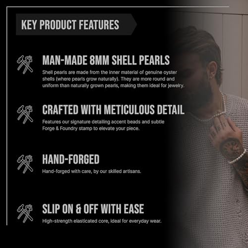 Forge & Foundry Marlow Men's Adjustable 8mm Shell Pearl (Man-Made) Bracelet | Design-Led Artisan Jewellery from London | Small, Medium, Large and Adjustable Sizing Options, 8mm Size, Size Adjustable | - color: 18K gold-plated, size: Small