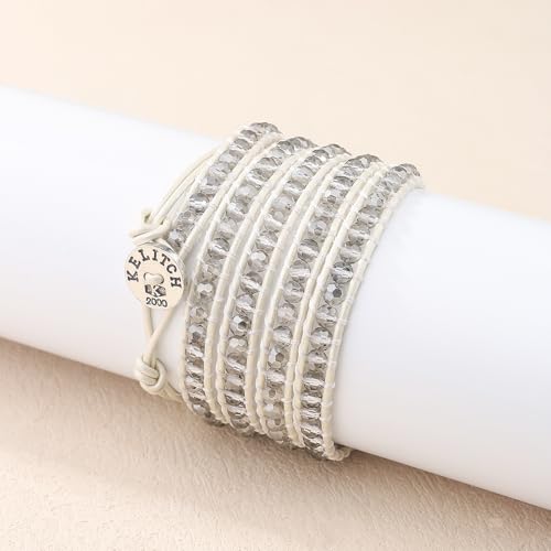 KELITCH New Gray Crystal Beaded 5 Wrap Bracelet On Leather Friendship Bracelets Jewelry for Womens