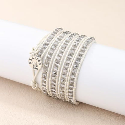 KELITCH New Gray Crystal Beaded 5 Wrap Bracelet On Leather Friendship Bracelets Jewelry for Womens
