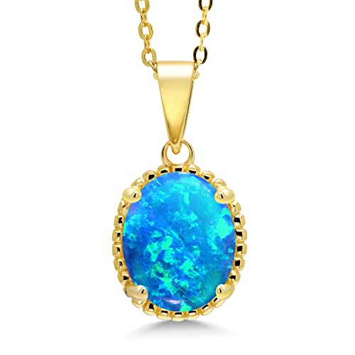 Gem Stone King 11X9MM Oval Gemstone Birthstone Pendant Necklace | 925 Sterling Silver | Solitaire Necklace For Women | With 18 Inch Chain | Fine Jewelry Gifts for Mom Women Wife Her - color: Blue Opal-October