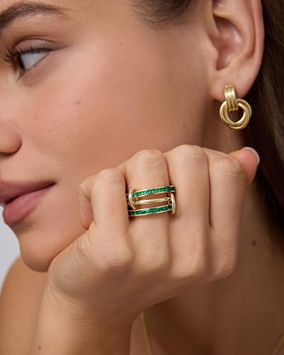 PAVOI 14K Gold Plated Interlocking Ring for Women - Chunky Connected Bands Interlock Stackable Rings for Women - Trendy Cubic Zirconia Two Tone Interlocked Multi-Band Statement Jewelry - style: Chunky Bands & Green CZ - Yellow Gold