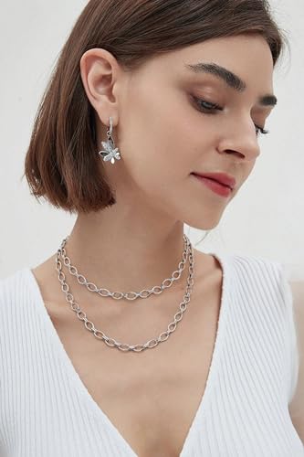 Aobei Pearl 18K Gold or Platinum Long Chain Necklace for Women Chunky Statement Chain Link Necklace Adjustable Geometric Open Chain Layering Jewelry - color: Platinum Oval Chain