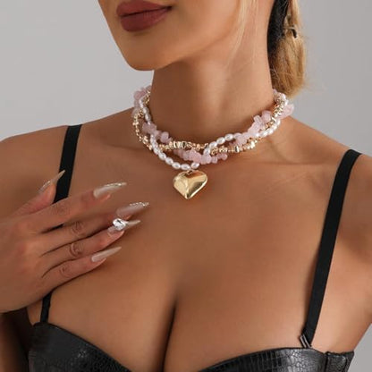 Layered Gold Necklace for Women Boho Turquoise Beaded Chain Set with Long Coin Pendant Trendy Y Necklace for Everyday Jewelry Gifts boho fashion fall fashion jewelry womens fashion - color: B-Heart shaped multi-layered necklace