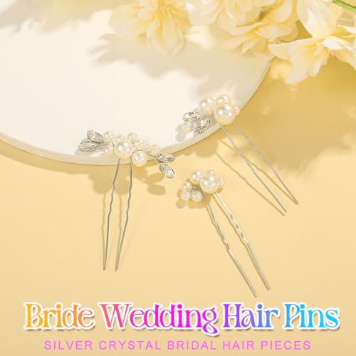 Heread Pearl Bride Wedding Hair Pins Crystal Bridal Headpiece Hair Accessories for Women and Girls (Pack of 3) - color: Silver