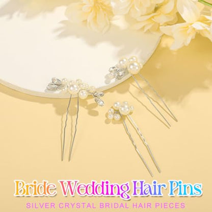 Heread Pearl Bride Wedding Hair Pins Crystal Bridal Headpiece Hair Accessories for Women and Girls (Pack of 3) - color: Silver