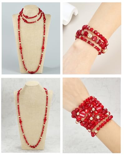Trendy Infinity Wrap 60’’ Long Statement Necklace, Earrings and Bracelet Set - Hand Knotted Versatile Crystal and Shell Beads Strand Necklace and Chunky Beaded Stretch Bracelet Stack – Jewelry Set Gift for Women - color: Sparkly and Crystal Silver