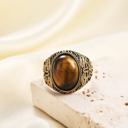 Retro Large Tiger Eye Stone Turquoise Wedding Ring For Men Classical Gothic Stainless Steel Rings - color: Gold-Coffee