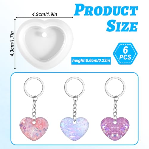 6 Pcs Heart Resin Mold Love Heart Shape Silicone Molds for Resin with Hole Cute Silicone Jewelry Casting for DIY Craft Pendant Necklace