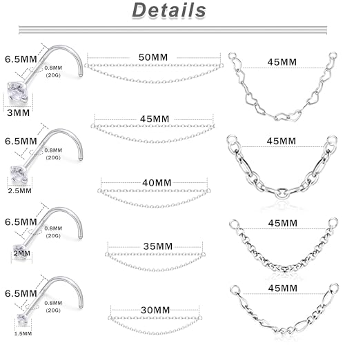 20/18G Nose Rings Chain Across Nose Piercings for Women Men Surgical Steel Double Chains Corkscrew l Shaped Bar - size: Corkscrew, 20g(0.8mm)