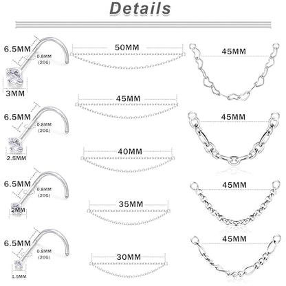 20/18G Nose Rings Chain Across Nose Piercings for Women Men Surgical Steel Double Chains Corkscrew l Shaped Bar - size: Corkscrew, 20g(0.8mm)